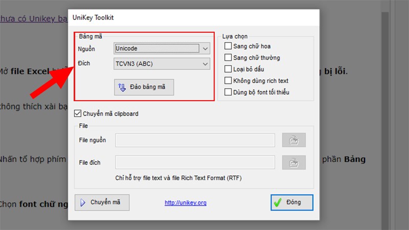 Nhấn tổ hợp phím Ctrl + Shift + F6 > Ở cửa sổ Unikey Toolkit hiện lên > Đi đến phần Bảng mã.