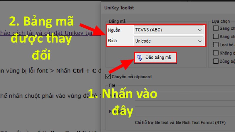 Nhấn vào Đảo bảng mã để Chuyển font chữ nguồn là TCVN3 (ABC) và font chữ đích là Unicode