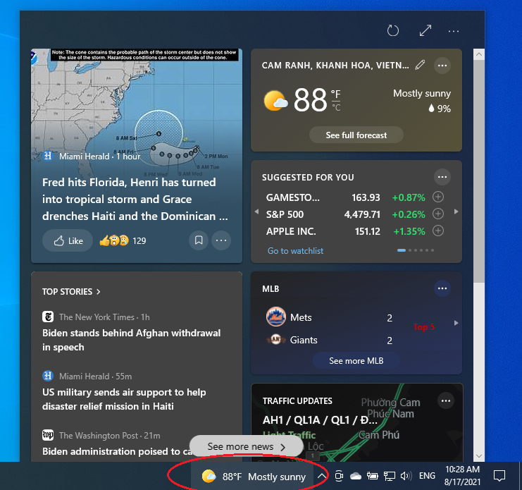 Tắt công cụ dự báo thời tiết News and Interests của Windows 10
