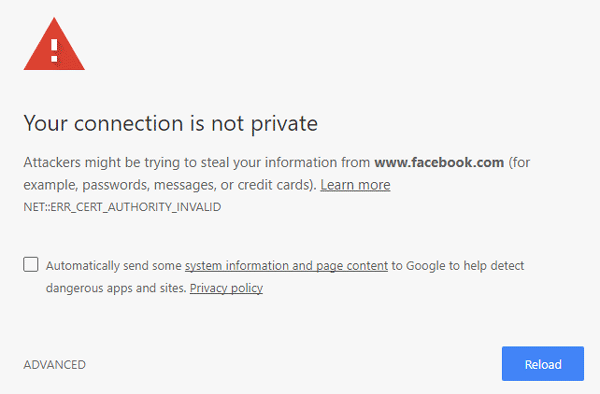 HTTPS sites are not opening in Google Chrome, showing Privacy Error