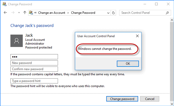 Windows không thể thay đổi mật khẩu