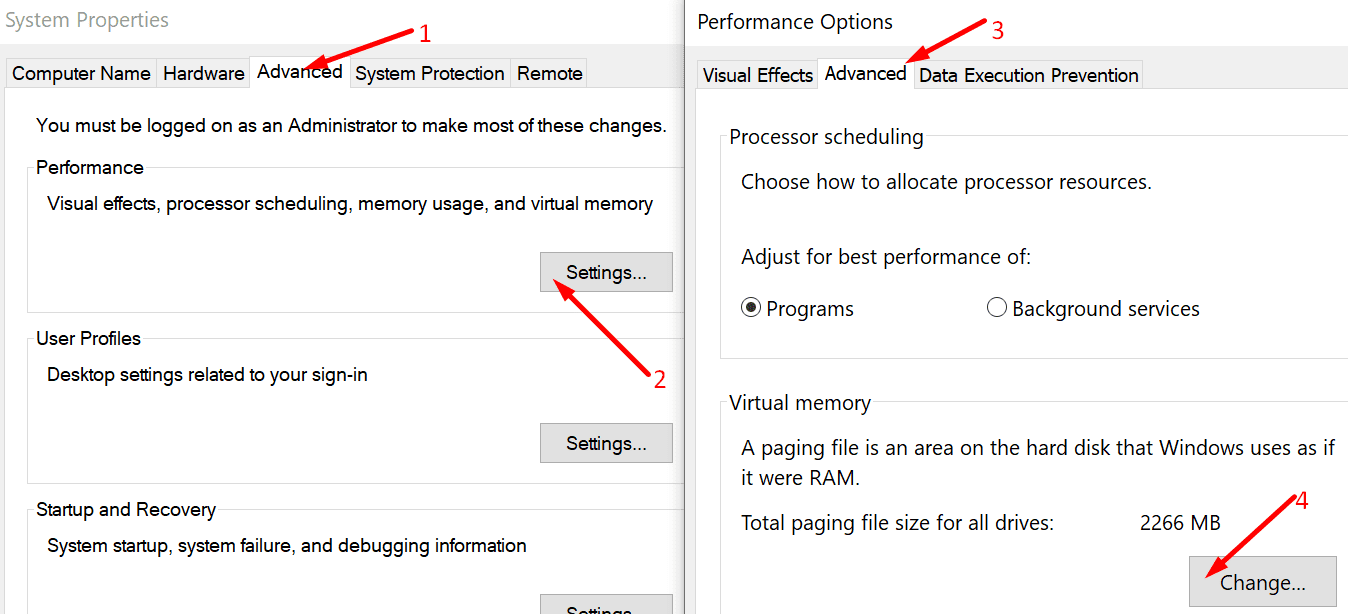 performance options virtual memory pc