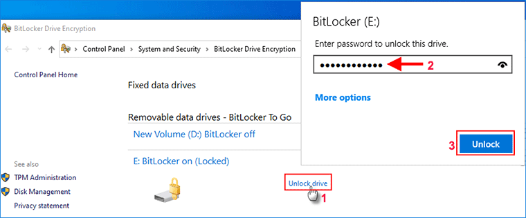 mở khóa BitLocker trong Control Panel